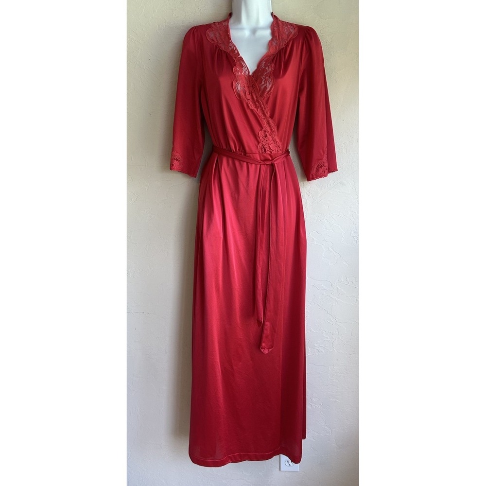 Vintage 70s 80s Lorraine Red Nylon Maxi Robe Pegnoir S Lace Tie Nightgown
